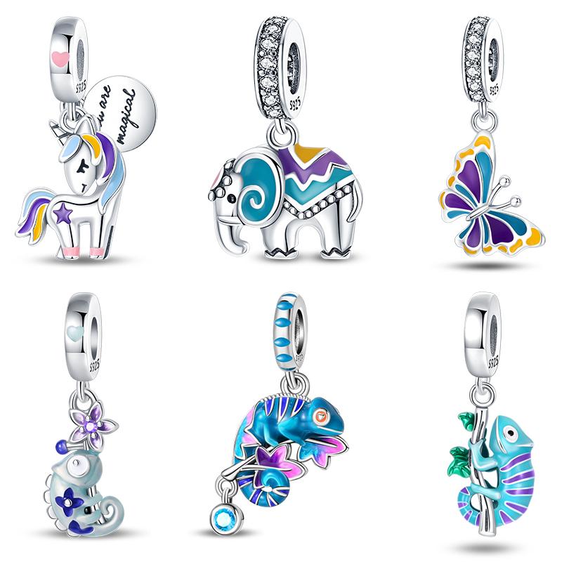 925 Silver Charms Beads Temperature Change Color Elephant Chameleon Butterfly Charms Fine DIY Jewelry Gifts