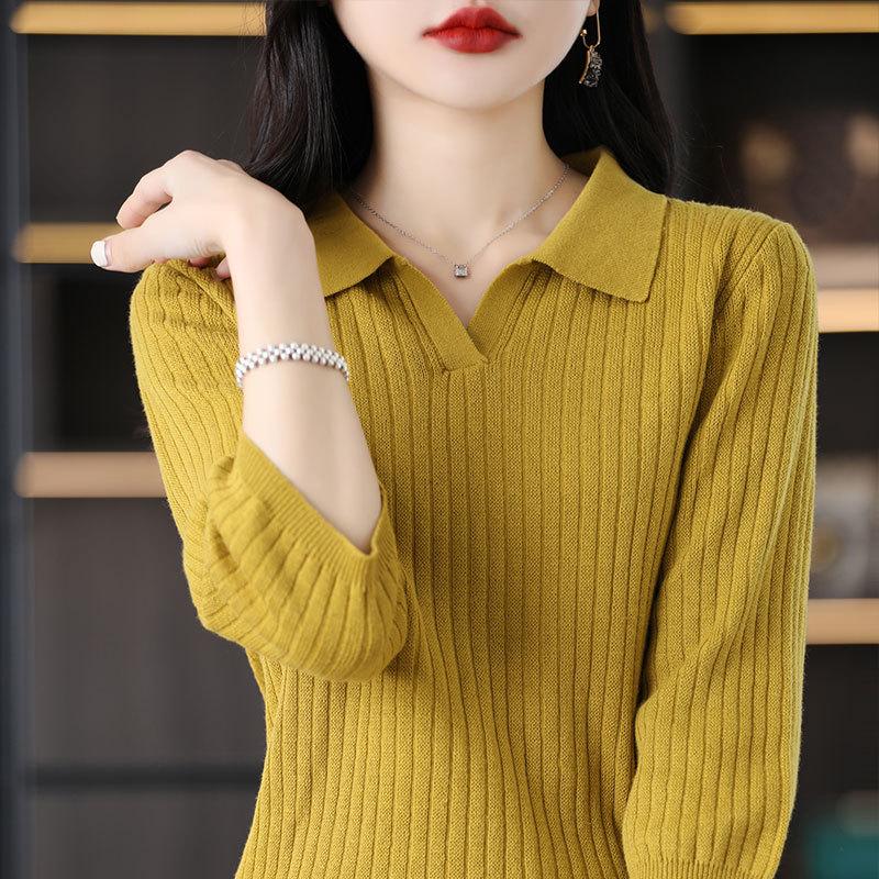 

Весенне-летняя новинка, хлопковая пряжа, свитер с рукавом 7/8 и воротником ПОЛО, женский пуловер, модная базовая рубашка в рубчик M