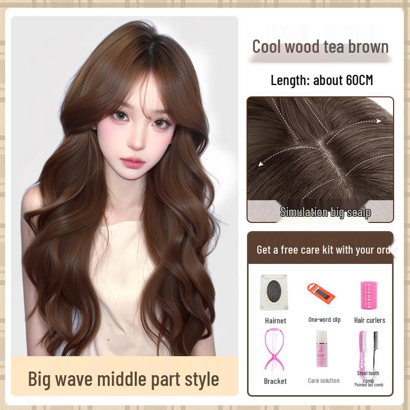 Big Wave Women's Long Curly Wig - Natural Look, Middle Part, Autumn/Winter Style
