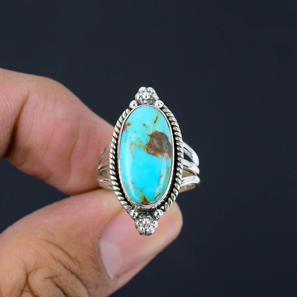 Natural Turquoise Gemstone Solid 925 Sterling Silver Trio Shank Ring For Women & Girls