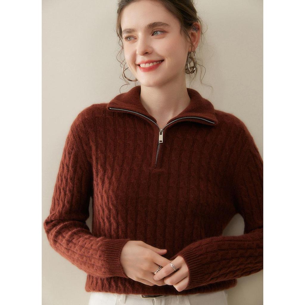 Women's Cashmere Sweater: Loose, Soft, Half-Zip, Stand Collar, Versatile for Autumn/Winter, Heavyweight, Skin-Friendly.