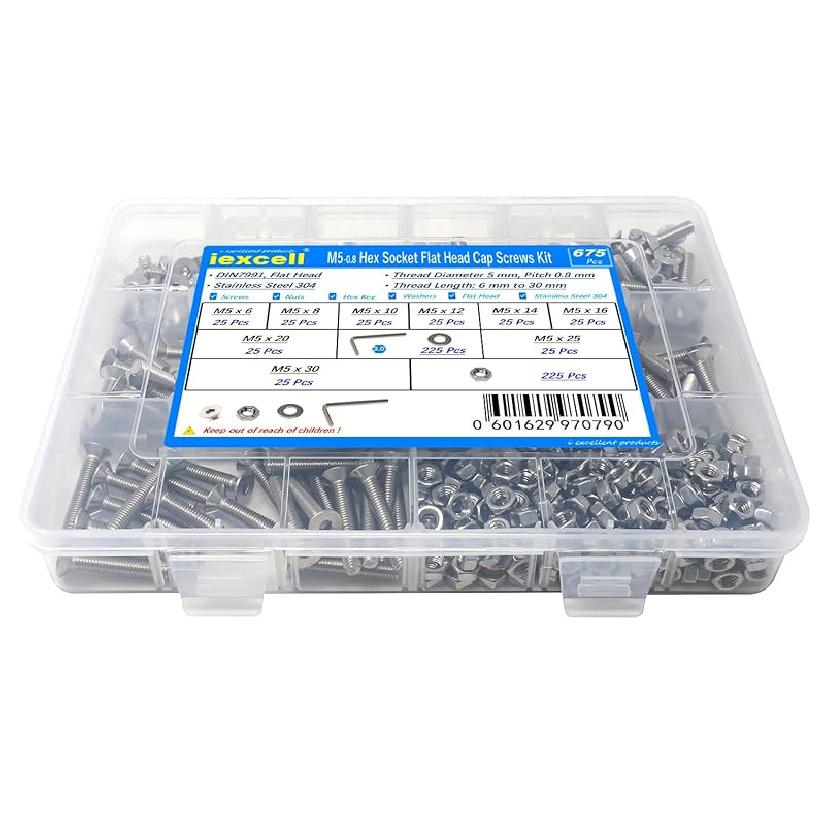 iExcell 1500 Pcs M3 x 4/6/8/10/12/16/20/25/30/35/40/45/50 Stainless Steel 304 Hex Socket Flat Head Cap Screws Blots Nuts Washers Assortment Kit