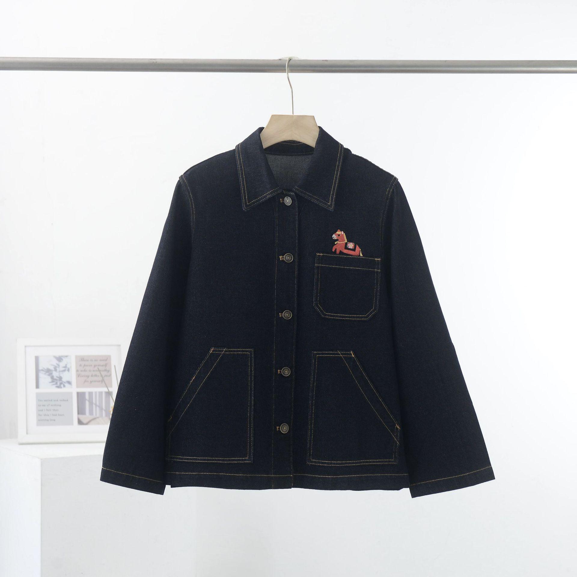 

Женский повседневный джинсовый кардиган 2026 года с вышивкой маленькой лошадки L синий