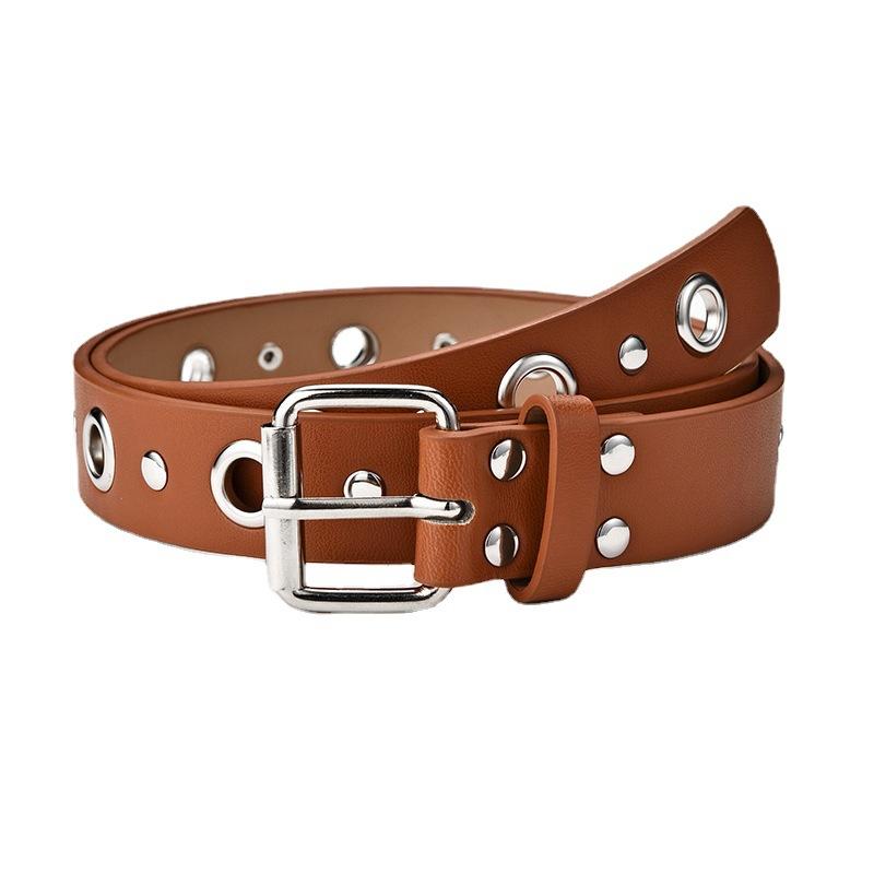 Womens Faux Fashionable Leather Punk Belt With Unique Eyelet Buckle And Riveted Accents