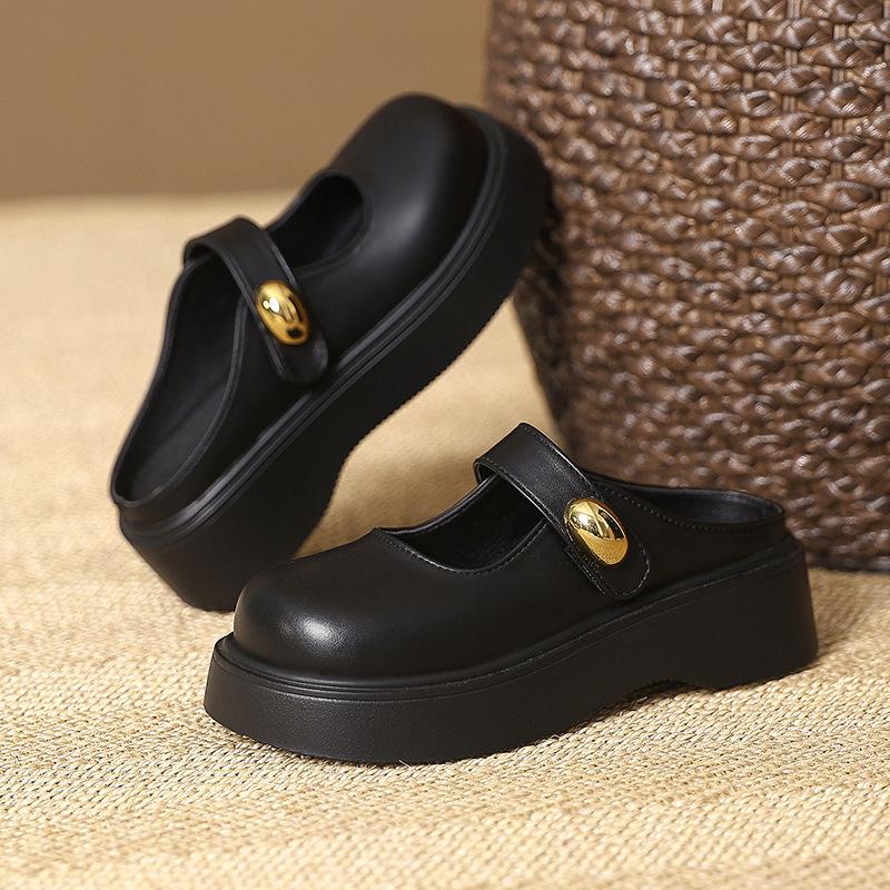 Thick-bottomed bag head half slippers women's outer wear 2025 new autumn French evening breeze Mary Jane half tray out cool slippers