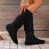 Women's Autumn Winter New Pleated Suede Boots Plus Size 36-43 Side Zipper Vintage Round Toe Knee High Long Boots Low Heel Pink