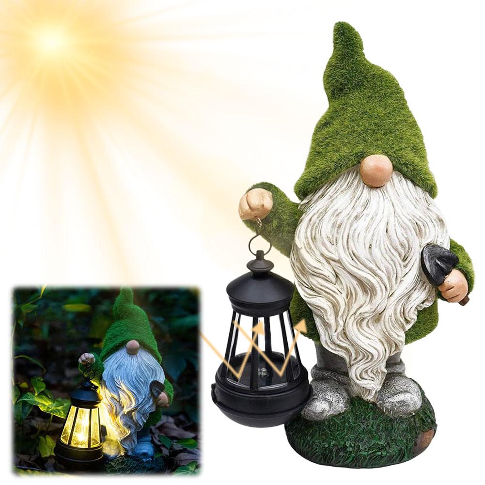 Flocked Gnome Statue with Solar Light Decorative Funny Garden Sculpture Waterproof Outdoor Gnome Decoration for Outdoor Decor