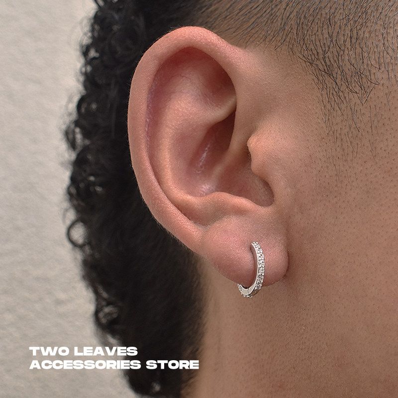 Trendy Men s Leaves Sterling Silver Hip Hop Zircon Earrings 8.8mm Inner Diameter / Single