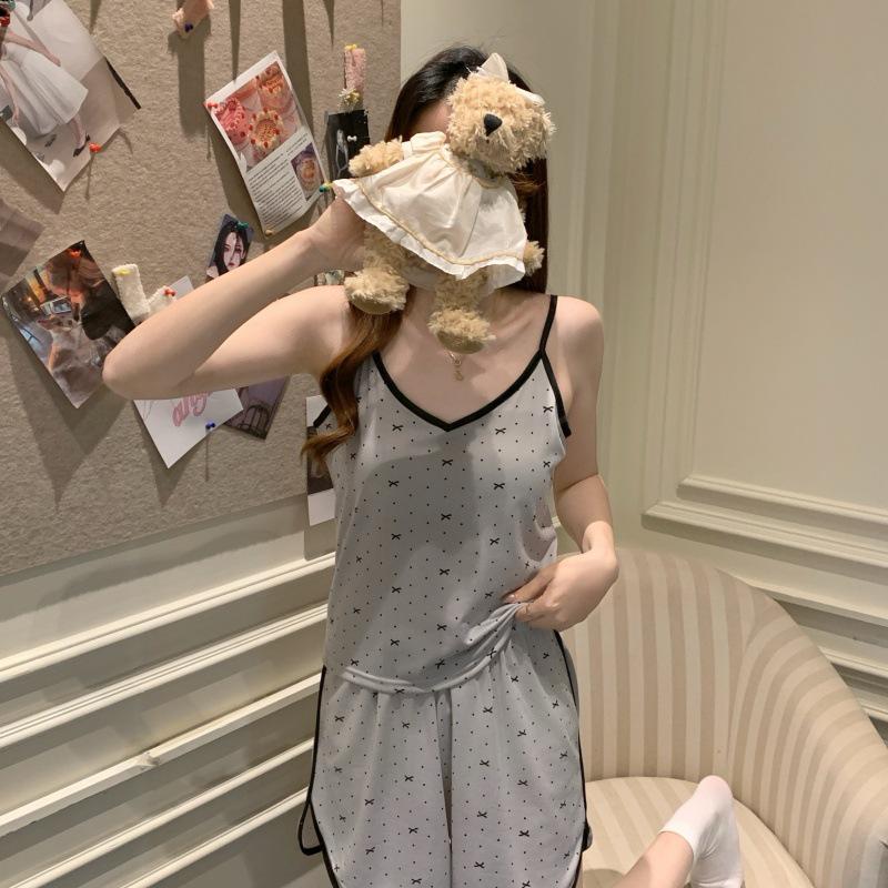 Women's Cartoon Camisole Tank Top Pajamas Set with Chest Pads - Summer Home Wear for Girls with Shorts