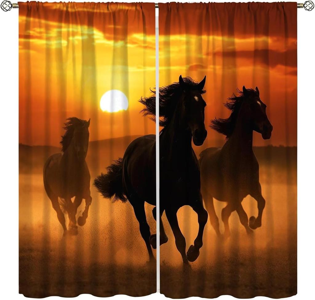 Horse Window Curtains, Western Wild Horses Under Cherry Curtains For Living Room,Country Style Rustic Farm Animal Horse Pink