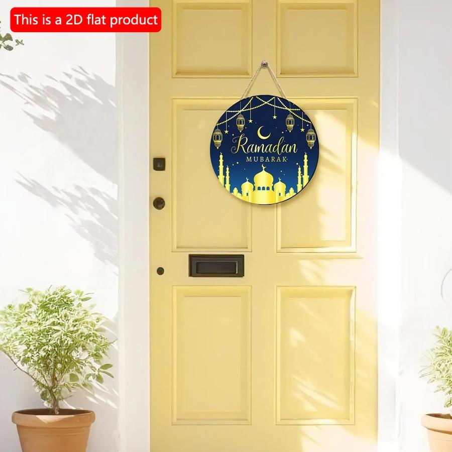 2D Flach 20cm1Stk Ramadan Mubarak Muslimische Party Runde Holzanhänger, Goldener Mond&Majestätische Moschee Szene Ramadan Islamische Wanddekoration, Gute Qualität