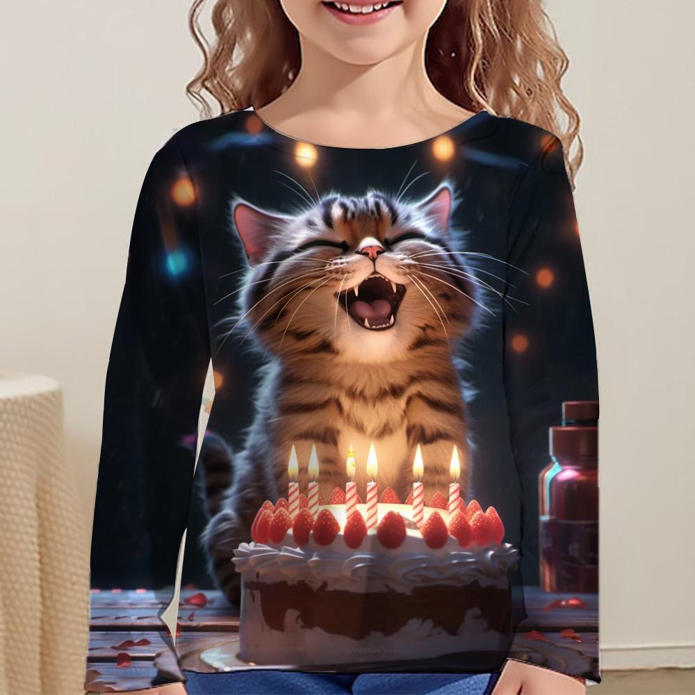 Children's Clothing Long Sleeve Cat Print O-Neck Kids Spring Fall Clothes Fashion Cartoon Girls Clothes T-Shirt Streetwear Tops