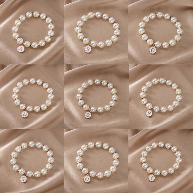 Elegant Women's Alphabet Pearl Bracelet with Enamel Initial Charm