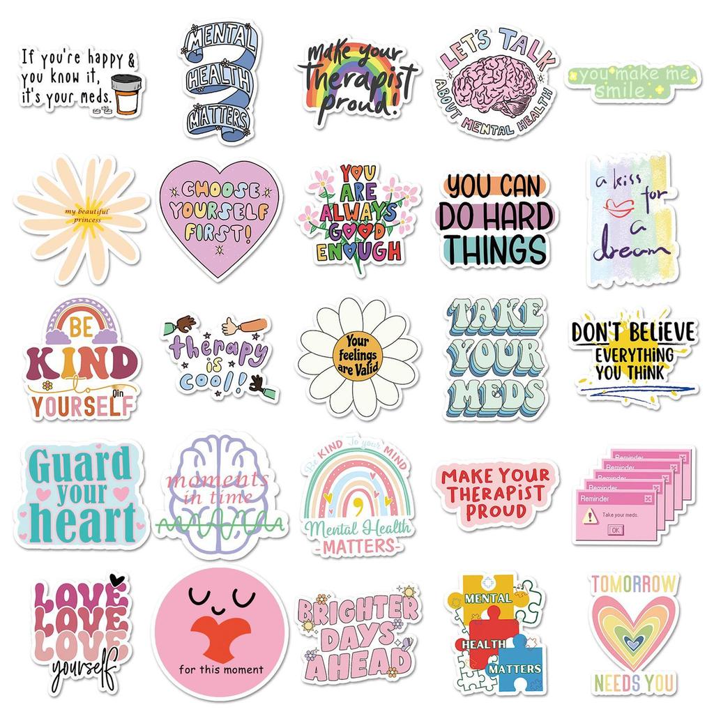 100 Mental Health Doodle Stickers: English Slogans for Water Bottles, Phone Cases, and Computers