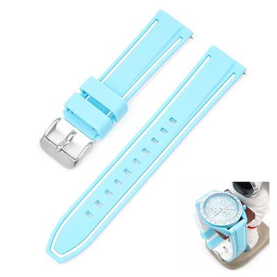 Swatch x OMEGA Kompatibles Gummiarmband mit Doppellinien (Hellblau/Weiße Linien)