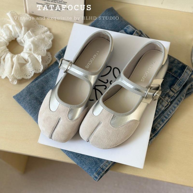 Leather Split-toed Shoes Women's Spring New Versatile Casual Pig's Trotters Soft-soled Soft-faced Shallow-mouth Single Shoes