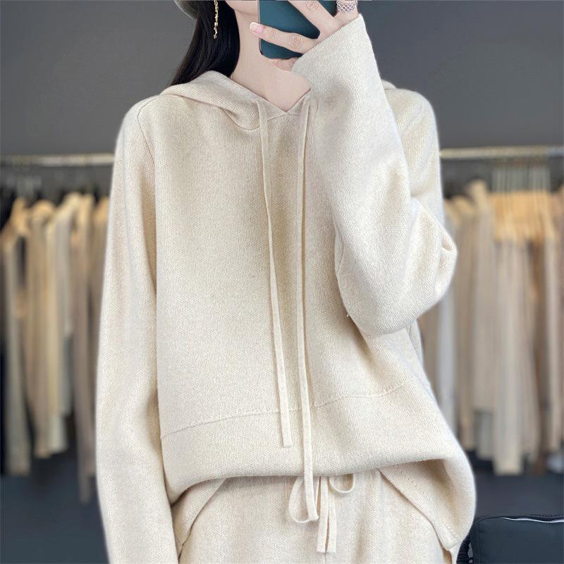 2026 Autumn/Winter Women's Pure Wool Hooded Knitwear & High Waist Wide-Leg Pants Set