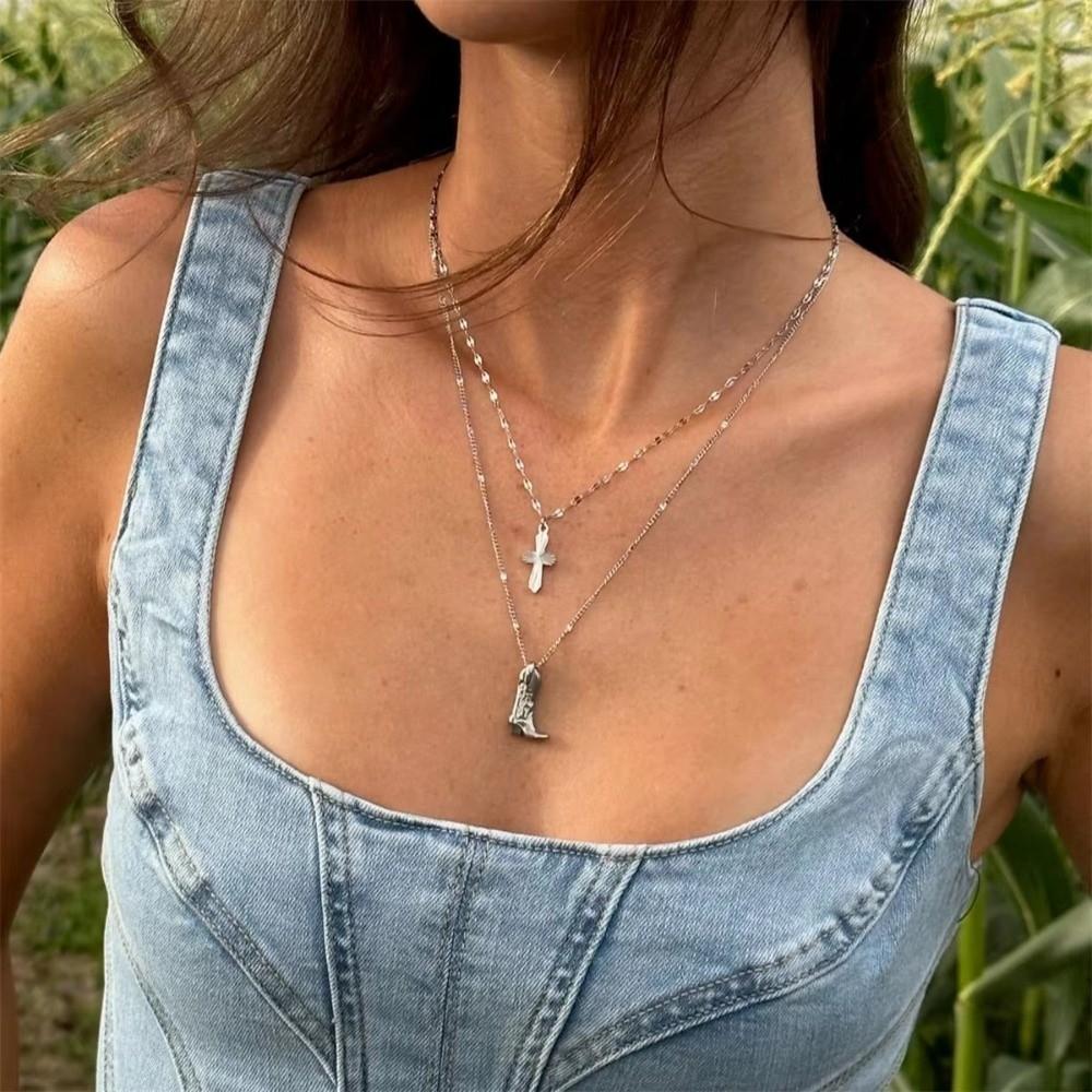 Silver Boot Cowboy Boot Necklace Stainless Steel Collarbone Chain Choker Necklace Pendant Unisex