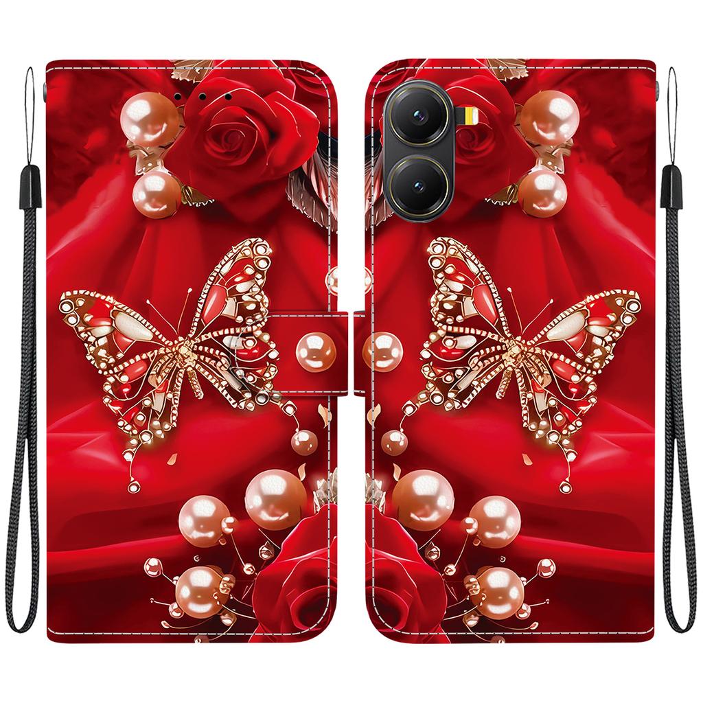 Handmade PU Leather Flip Case for Xiaomi Poco X7 Pro Anti-Slip Shockproof Cover with Wrist Strap & Heart/Rose Cat Designs