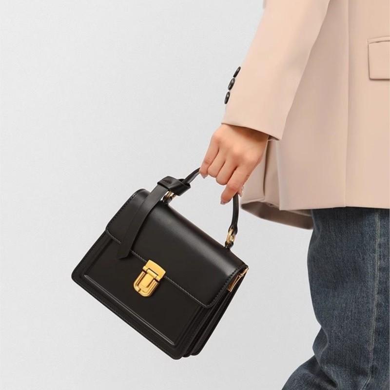 JIAERDI Retro Black Lock Handbag Women Leather Square Small Capacity Shoulder Bag Ladies Fashion Minimalist Design Crossbody Bag