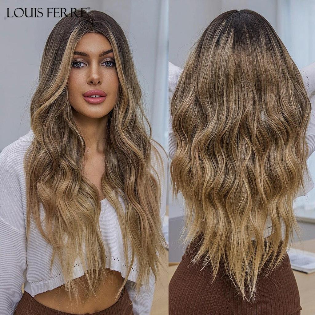 LOUIS FERRE Long Wavy Blonde Synthetic Wigs for Women 26in Light Golden Natural Hair Hairline Hand-Tied Hairline Lace Front Wig