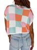 Women's Color Block Cropped Knit Top Cap Sleeve Crew Neck Summer Short Sweater