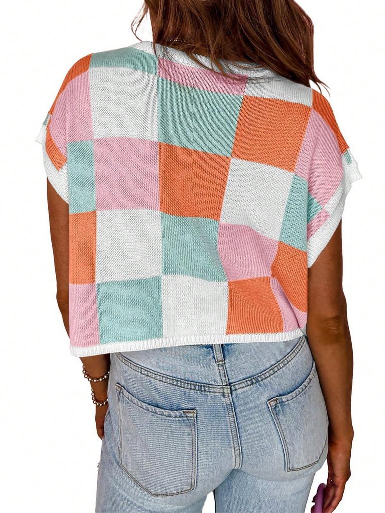Women's Color Block Cropped Knit Top Cap Sleeve Crew Neck Summer Short Sweater
