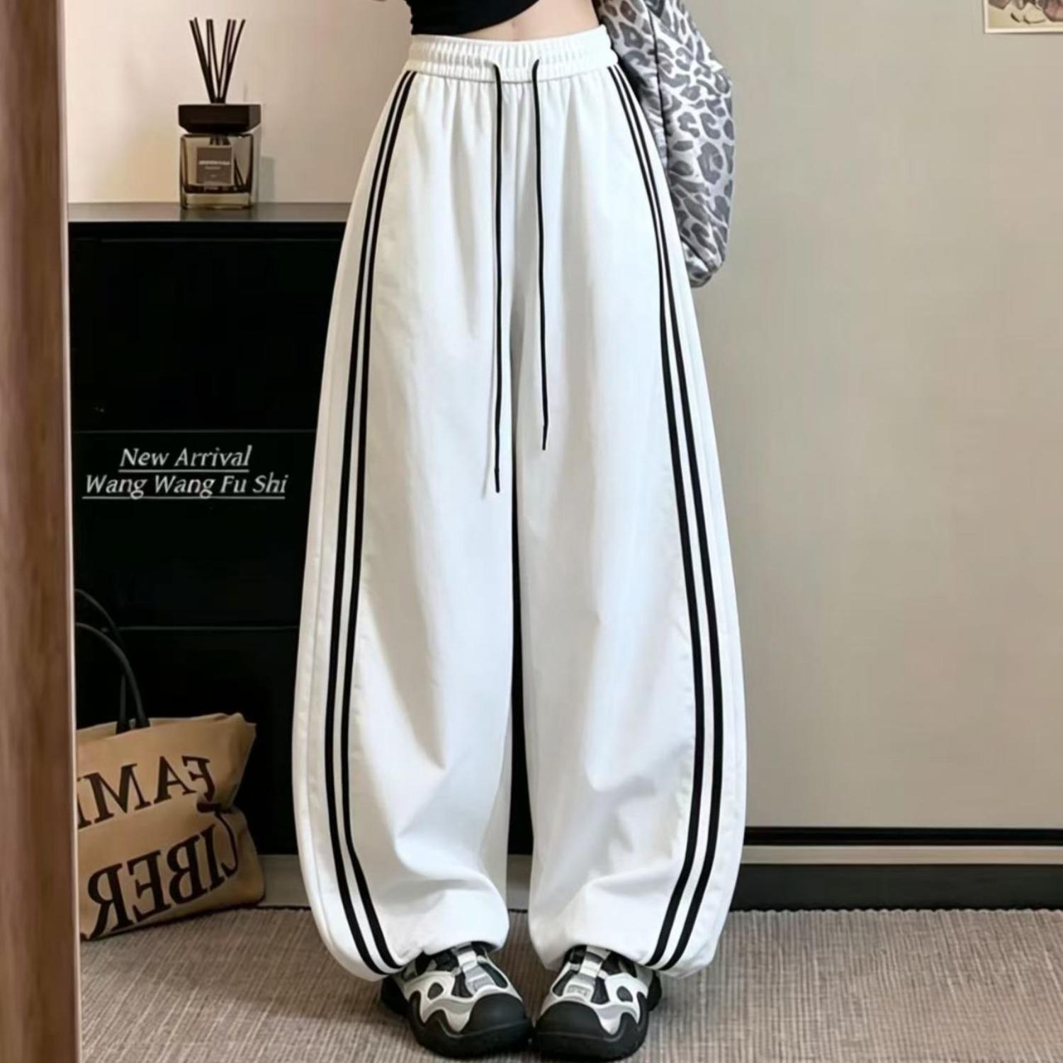 Women s High Waist Wide Leg Pants Colorblock Striped Casual Loose Fit Summer Trousers S