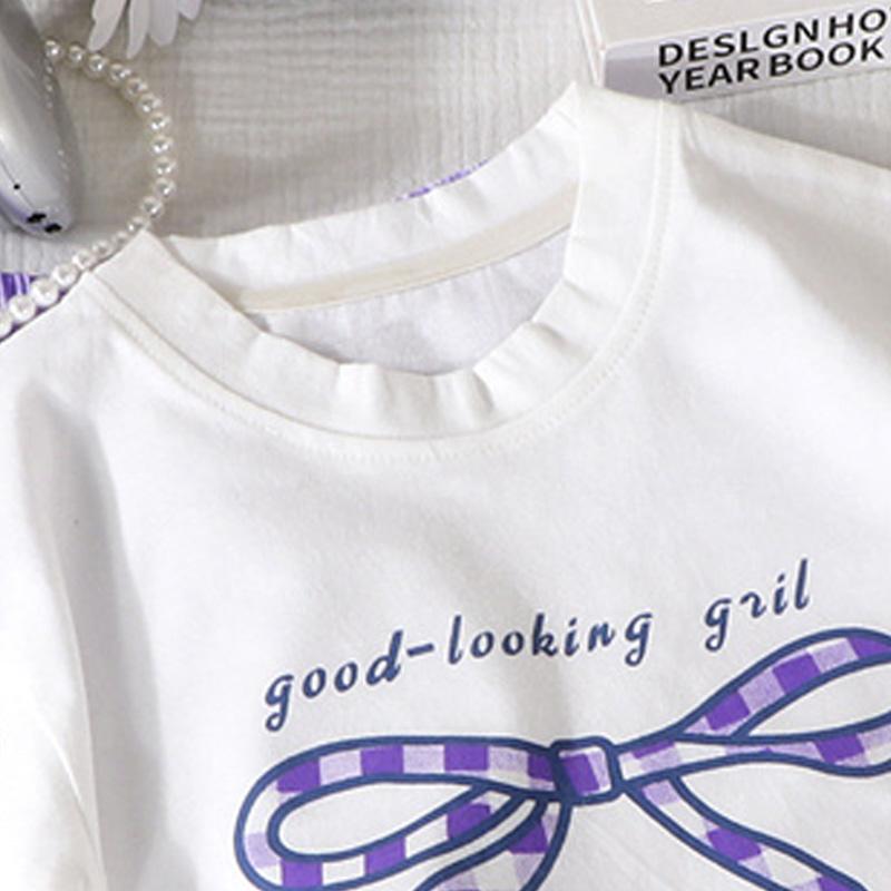 Girls Short-Sleeve Sets Boys Summer Bow T-shirt+Plaid Pants Suits Children Cartoon Cotton Top 1-5Y Toddler Casual Clothing 2Pcs
