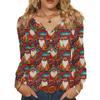 Women's Fashionable Casual V-neck Blouse Button Christmas Printed Long-sleeved Pullover T-shirt Top