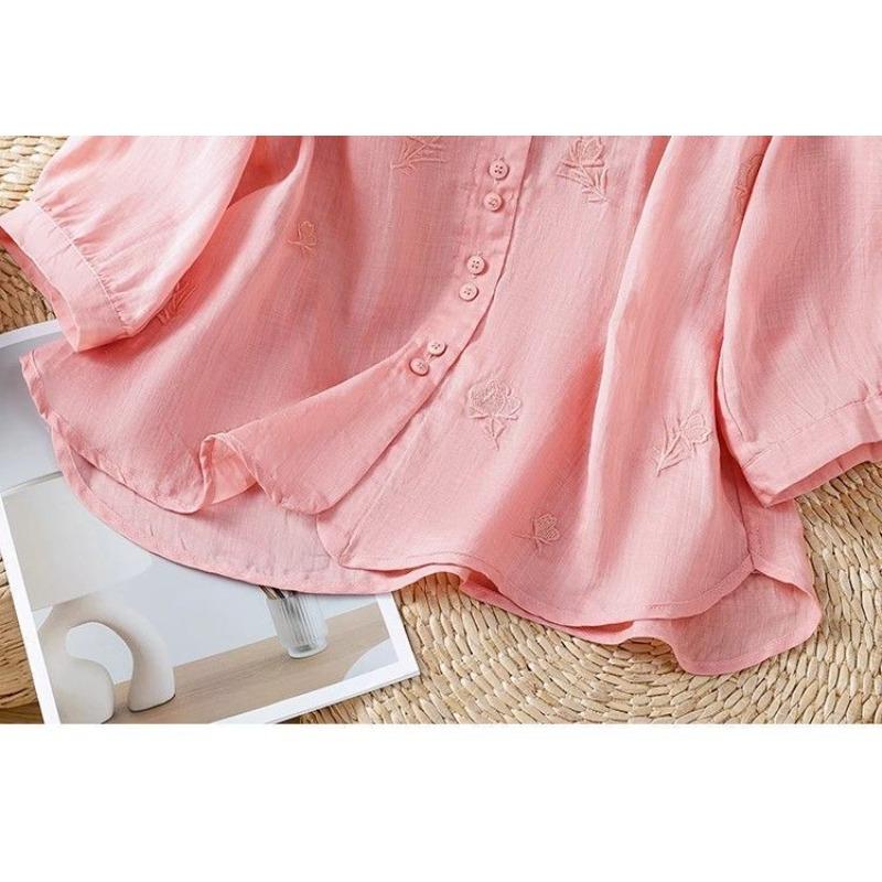 Retro Cotton and Linen Embroidered Shirt Women's Summer Western Style Thin Linen Small Shirt Three-quarter Sleeve Top