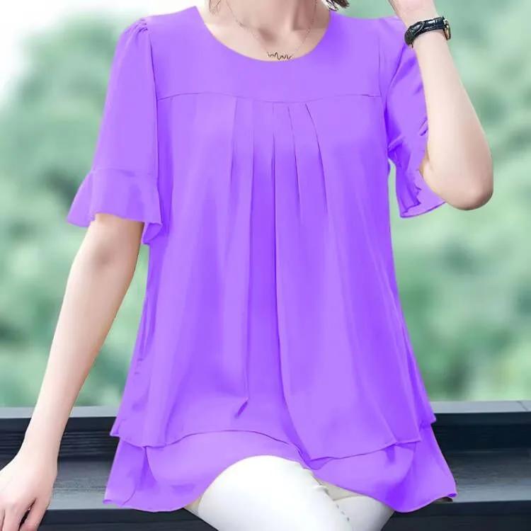 Women's Summer Short-Sleeve Chiffon Blouse Plus Size Loose-Fit Elegant Tummy-Covering Top