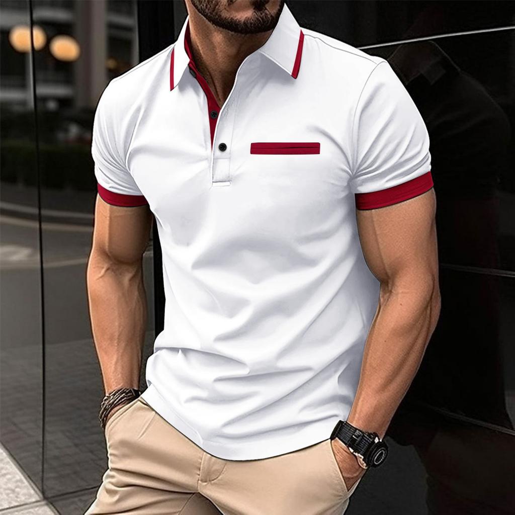 Fashion Men's Summer New Chest Fake Pockets Splicing Colour Blocking Casual Sports Polo Shirt Tops
