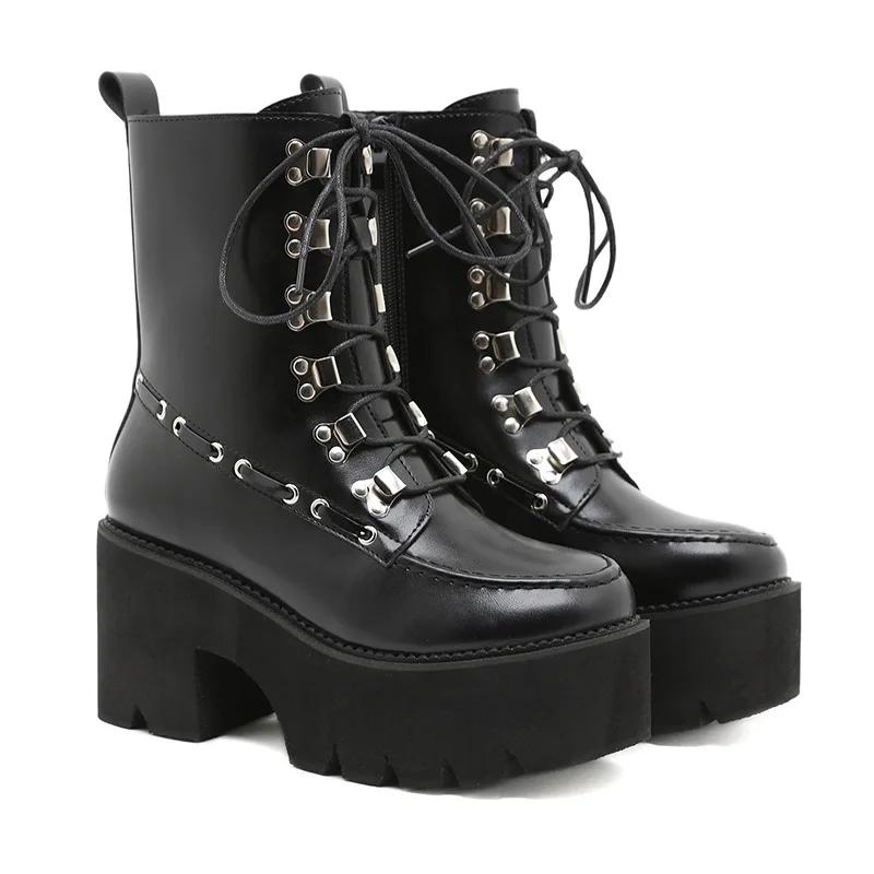 Fashion 2025 Russian Hot Sales Women Shoes Thick Platform High Heel Female Ankle Boots Round Toe Lace Up Zipper Motorcycle Boots