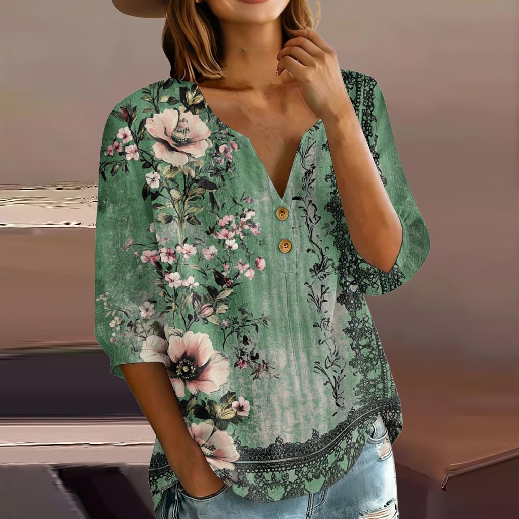 Women’s Floral Pattern Henley Neck Button Front Cotton Linen Shirt with 3/4 Sleeves Relaxed Fit Casual Blouse for Everyday Wear