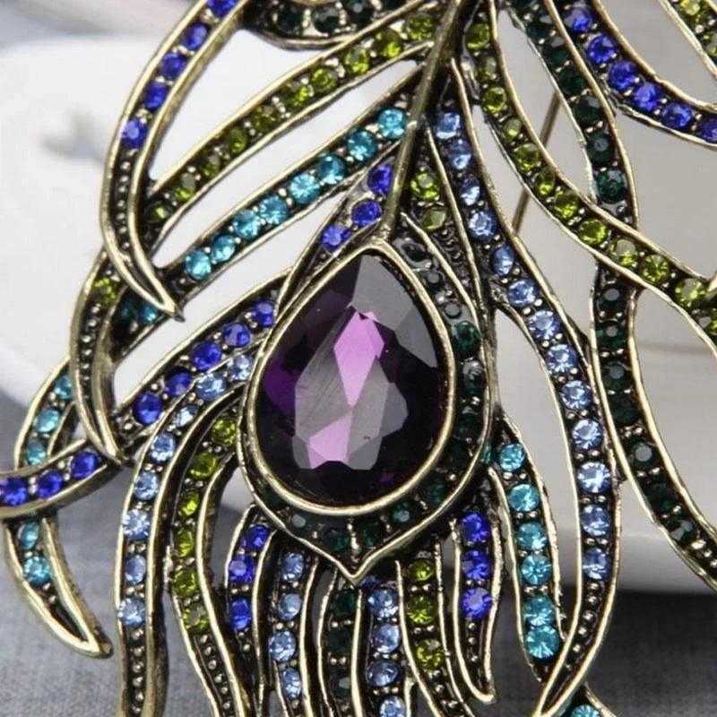 Vintage Peacock Feather Brooch Pin Elegant Lapel Scarf Coat Rhinestone Dress Decor Jewelry Accessory Women Birthday Jewelry Gift