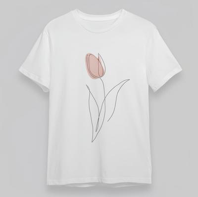 Damen Klassisches T-Shirt Rosa Tulpe Strichzeichnung Botanisch 100% Baumwolle Oversize T-Shirt