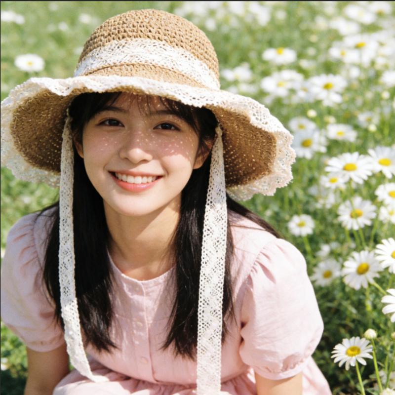 Women’s Lace Trim Crochet Straw Sun Hat Wide Brim Floppy Beach Hat with Bowknot for Summer Vacation UV Protection