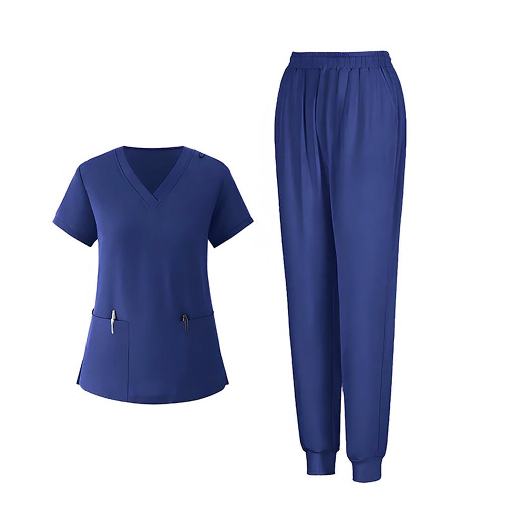 Ladies' Loose And Comfortable V-neck Short Sleeved Workwear With Multiple Pockets Suit Set