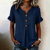 Women V Neck Short Sleeve Casual Solid T Shirt Top with Ruffle Sleeves and Button Front Loose Fit Blouse for Daily Wear
