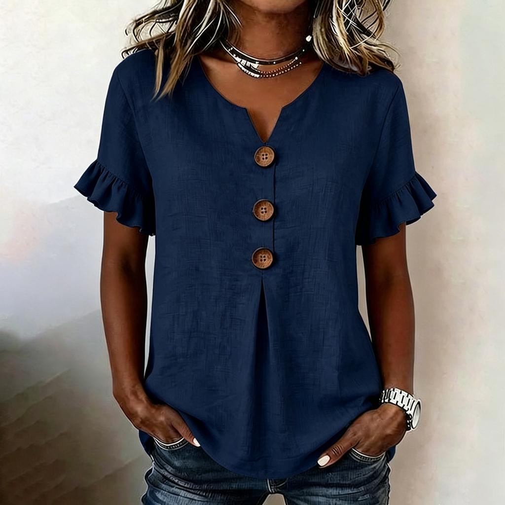 Women V Neck Short Sleeve Casual Solid T Shirt Top with Ruffle Sleeves and Button Front Loose Fit Blouse for Daily Wear