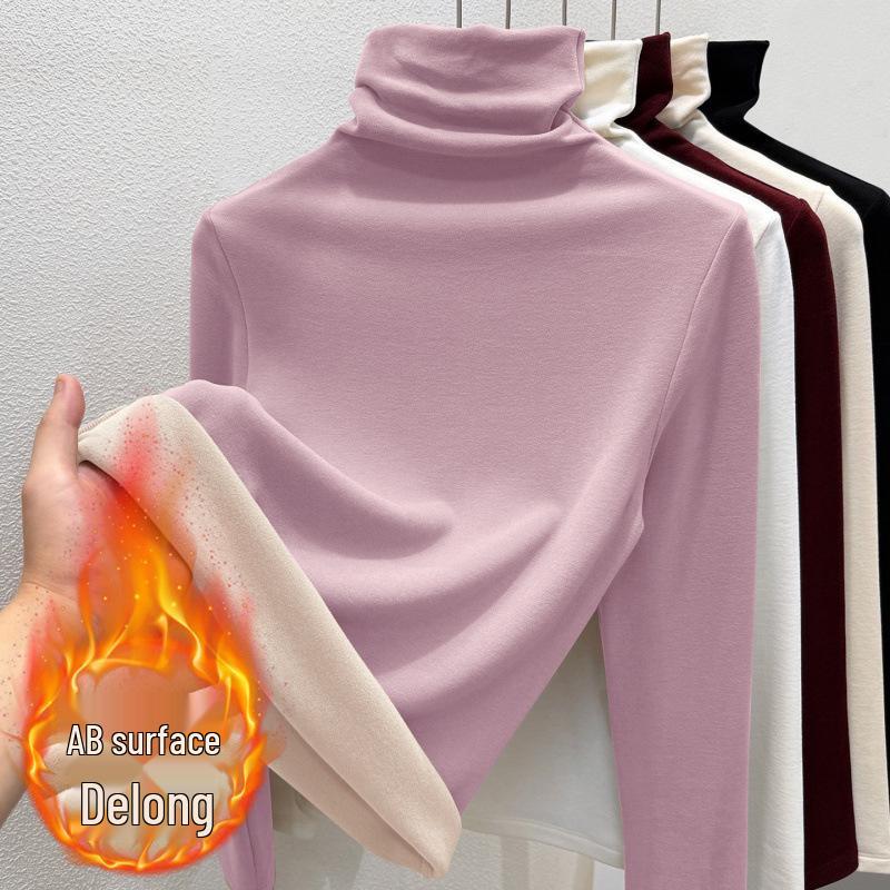 Women's Slimming Plush Collar Long Sleeve Base Layer T-Shirt - Versatile Autumn/Winter Undershirt