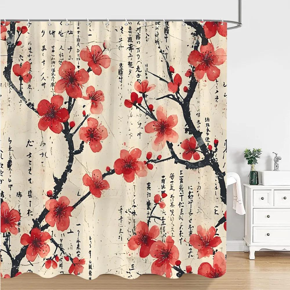 Chinese Japanese Ink Painting Shower Curtain Red Plum Blossom Art Painting Retro Style Polyester Shower Curtains Bathroom Deco