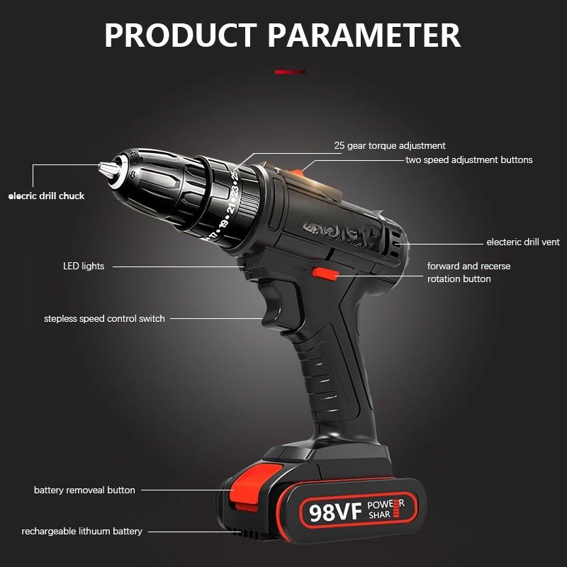 Cordless Impact Drill Set Car Lithium battery Screwdriver Speed Drilling Screw Driver wrench 1+25 torque adjustment
