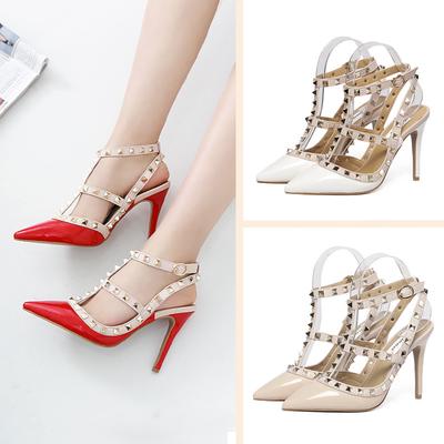 34-43 Large Size, European Station Rivet Pointed High Heels Stiletto Single Shoes Bag Head Strap All Black Willow Sandals Women