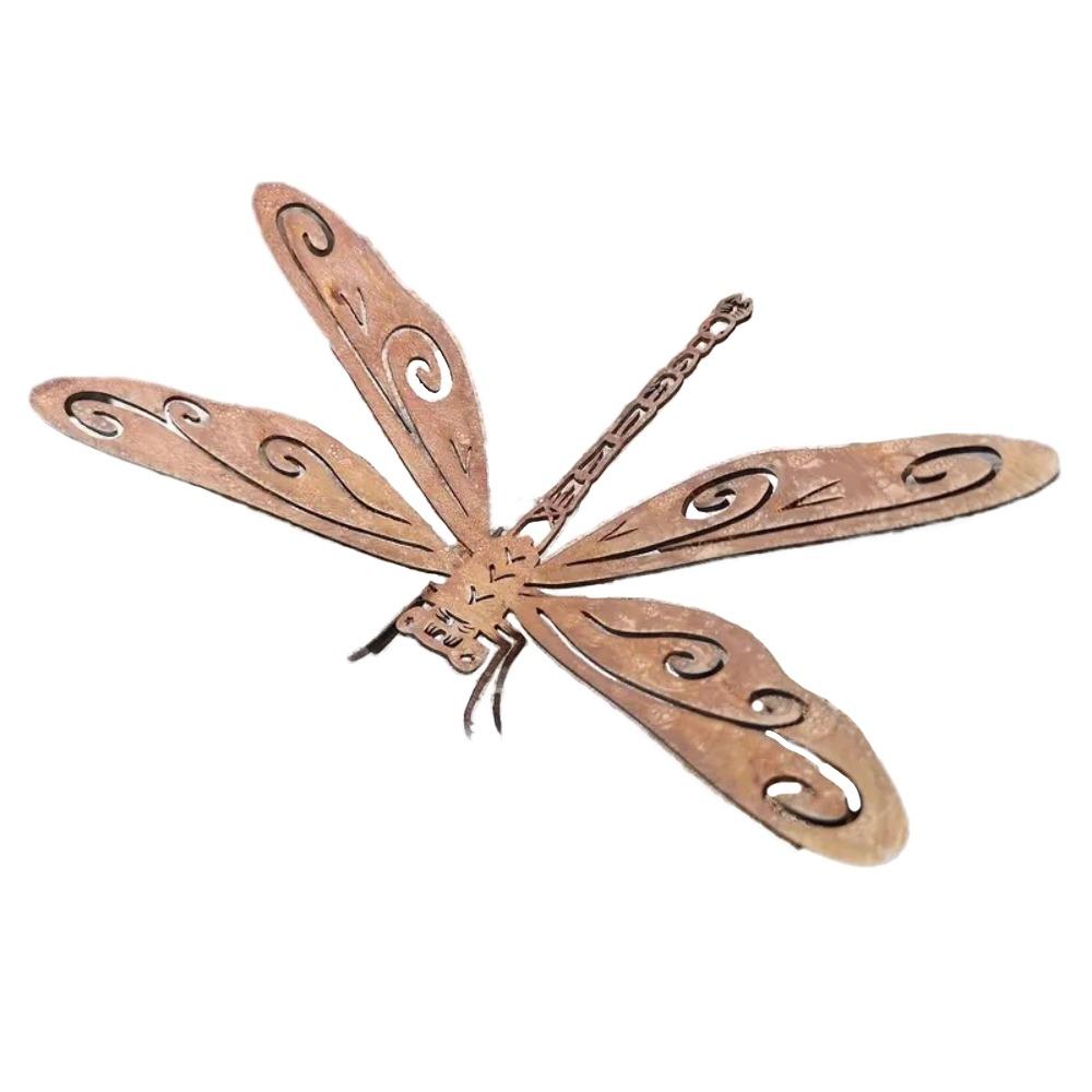 Rust-Colored Finish Dragonfly Garden Statue Durable Construction Rustic Ground-Mounted Decoration Metal Material