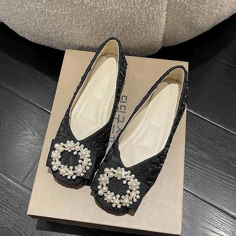 Premium single shoes women's flat shoes spring new square head shallow mouth fairy ladyshoes soft sole Doudou shoes