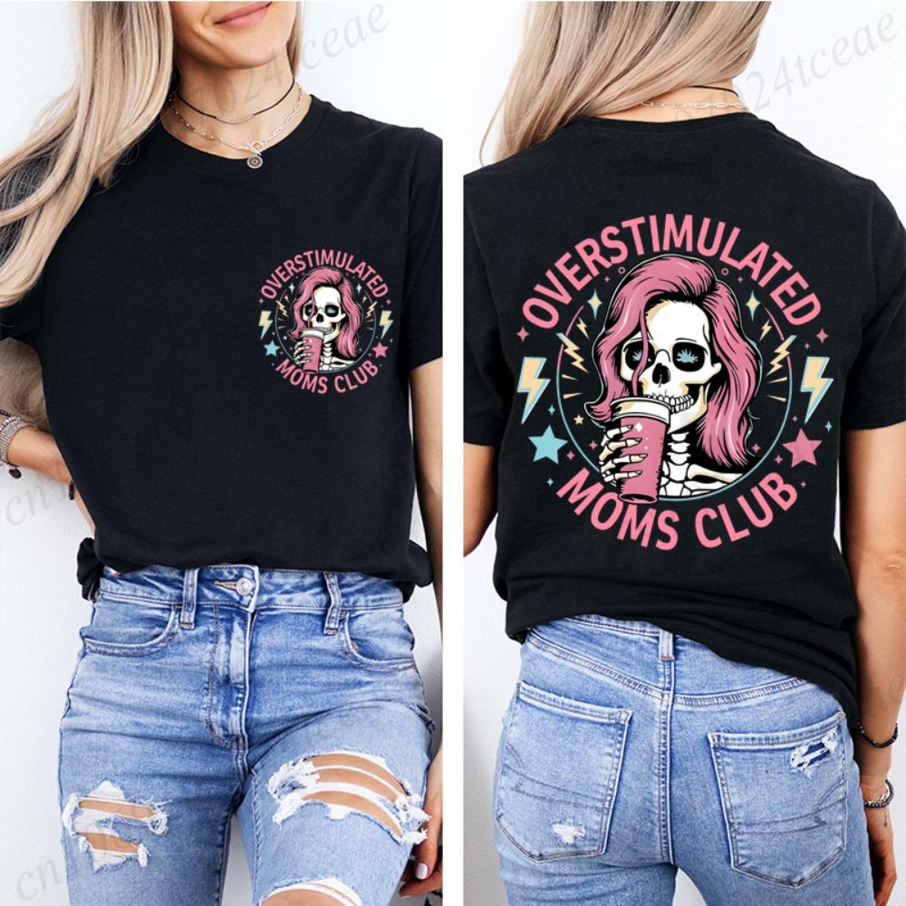 

Women Overstimulated Moms Club Funny Skeleton Graphic T Shirt Vintage Y2K Streetwear Short Sleeve Casual Mom Life Tee Tops Gift M