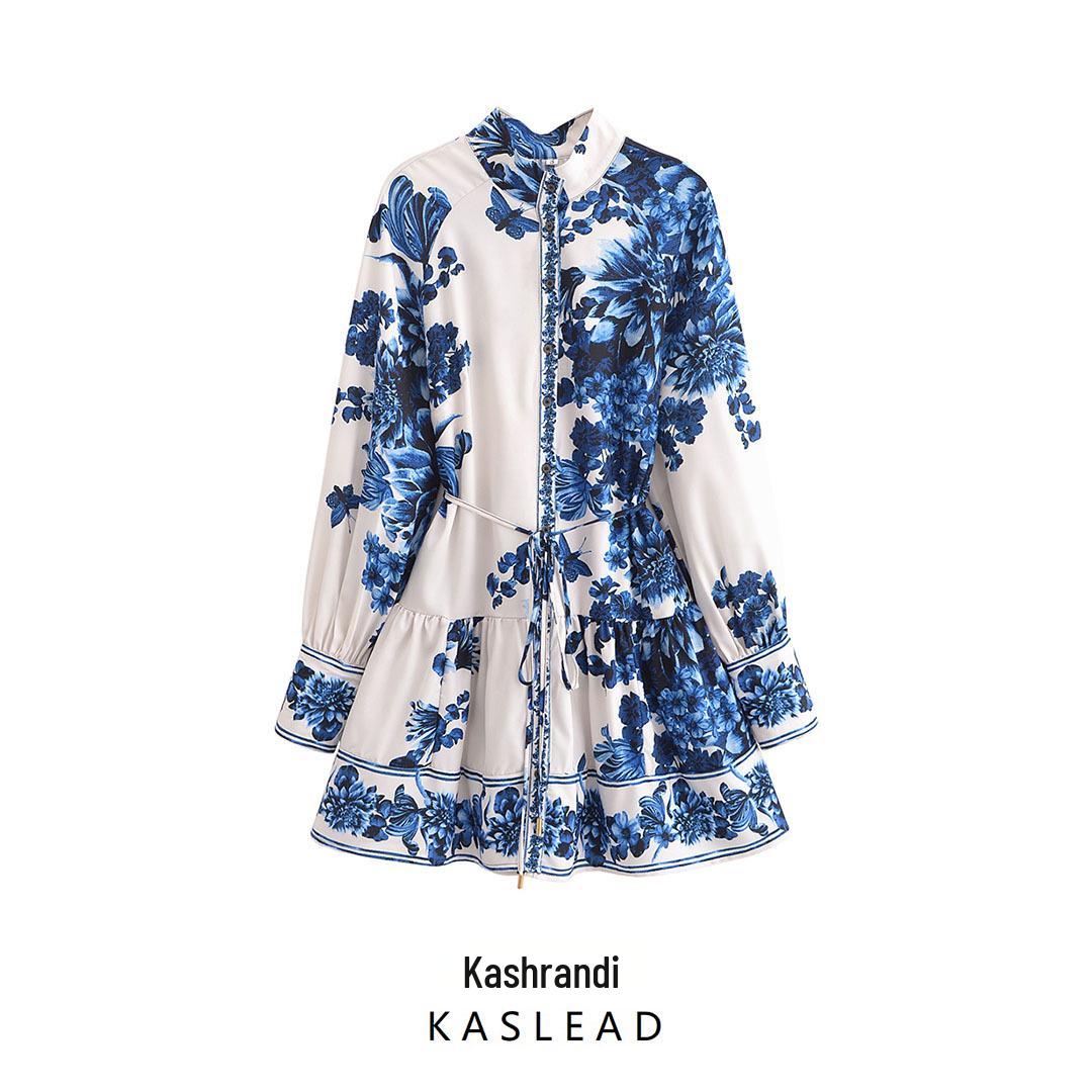 

Spring 2025 Women s European & American Style Waist-Tie Long Sleeve Dress Small