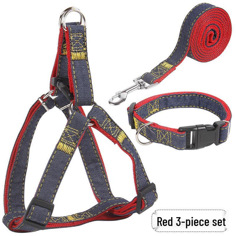 Denim-Stitched Dog Harness and Leash Set with Collar